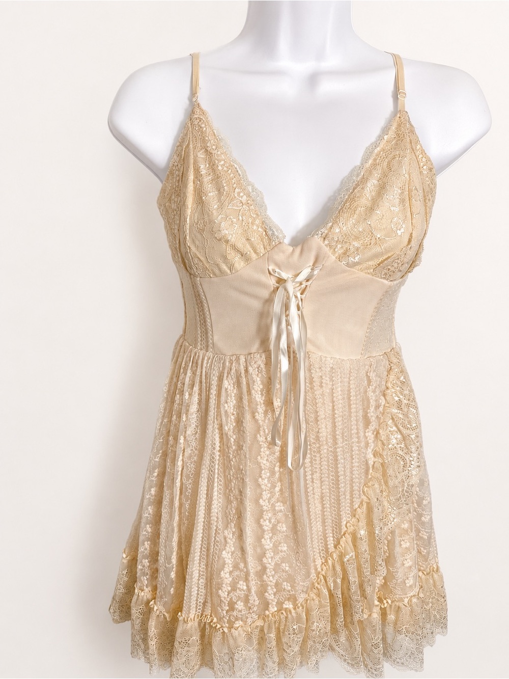 Lace Trim Satin-Accent Chemise - Cream
